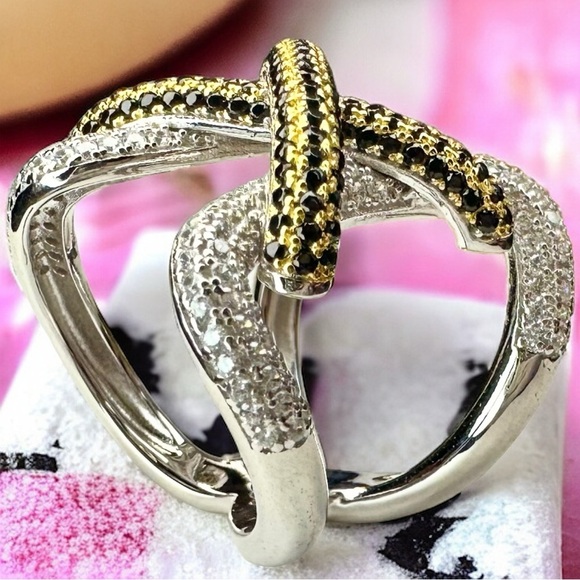 NEW Yellow & Black High Carbon Lab Sapphire Simulant Lace Up Wide Statement Ring - Picture 14 of 16